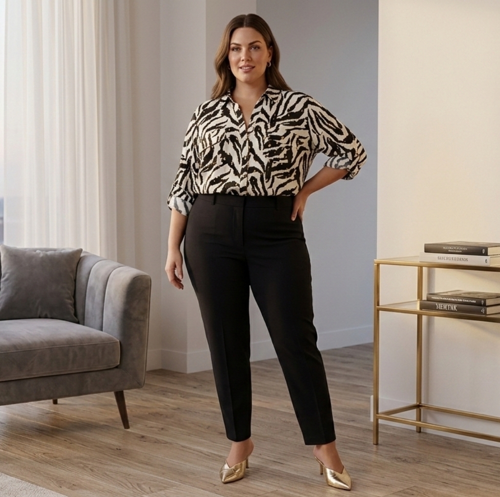 Emily Daniels Zebra Gold Foil Button Down Blouse Plus Size 2X 3/4 Roll Sleeve